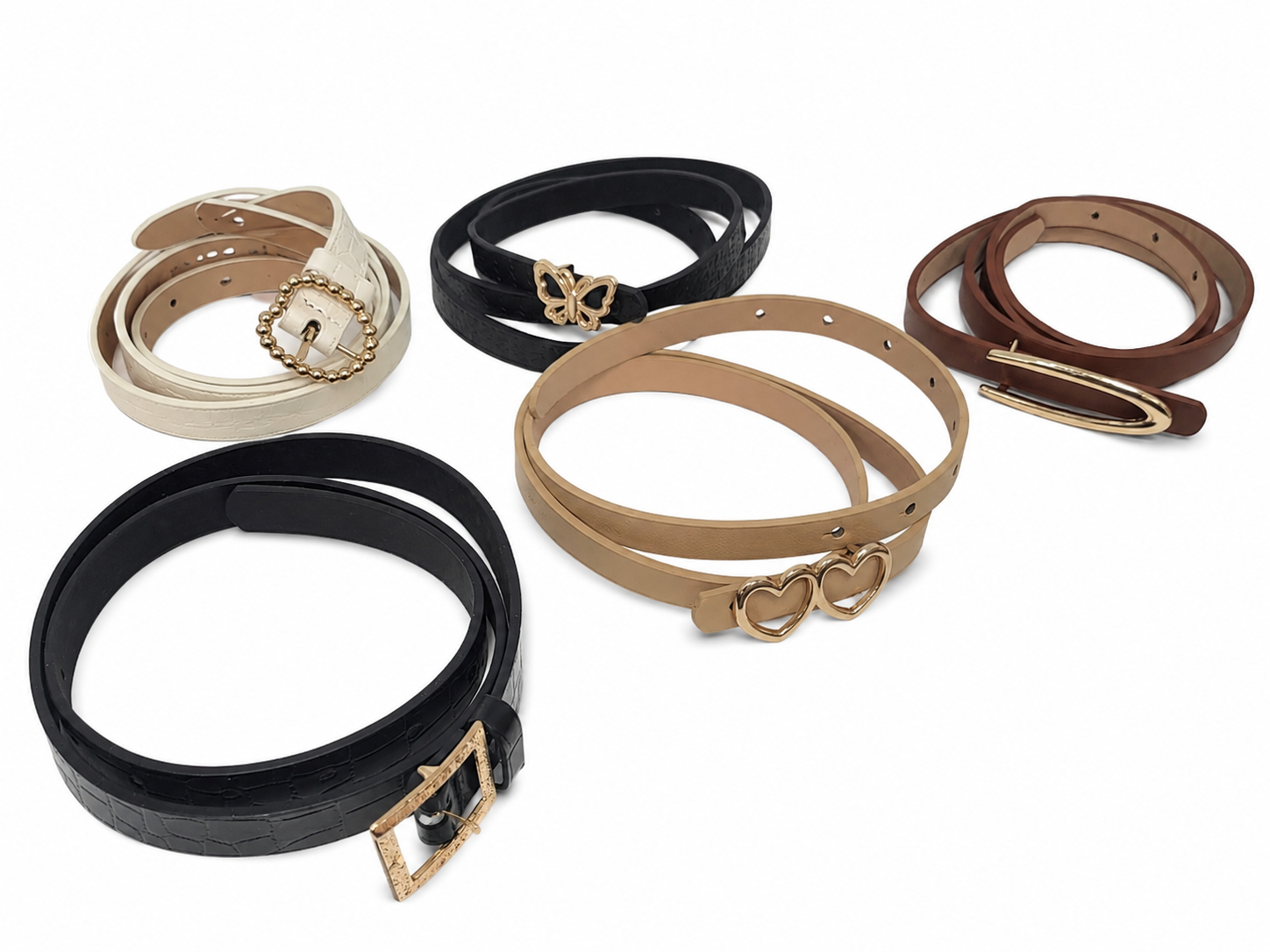 Set de Cinturones Delgados para Mujer con Hebillas Decorativas Variadas.