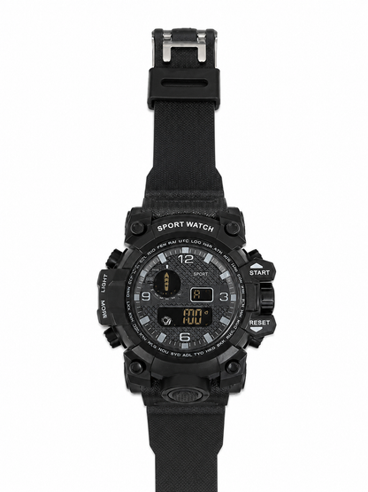 Reloj deportivo analógico y digital con correa de silicona negra.