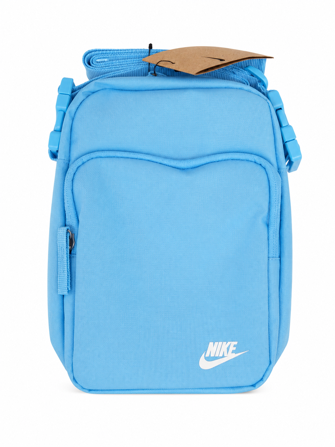 Bolso cruzado color azul claro con bolsillo frontal y correa ajustable.