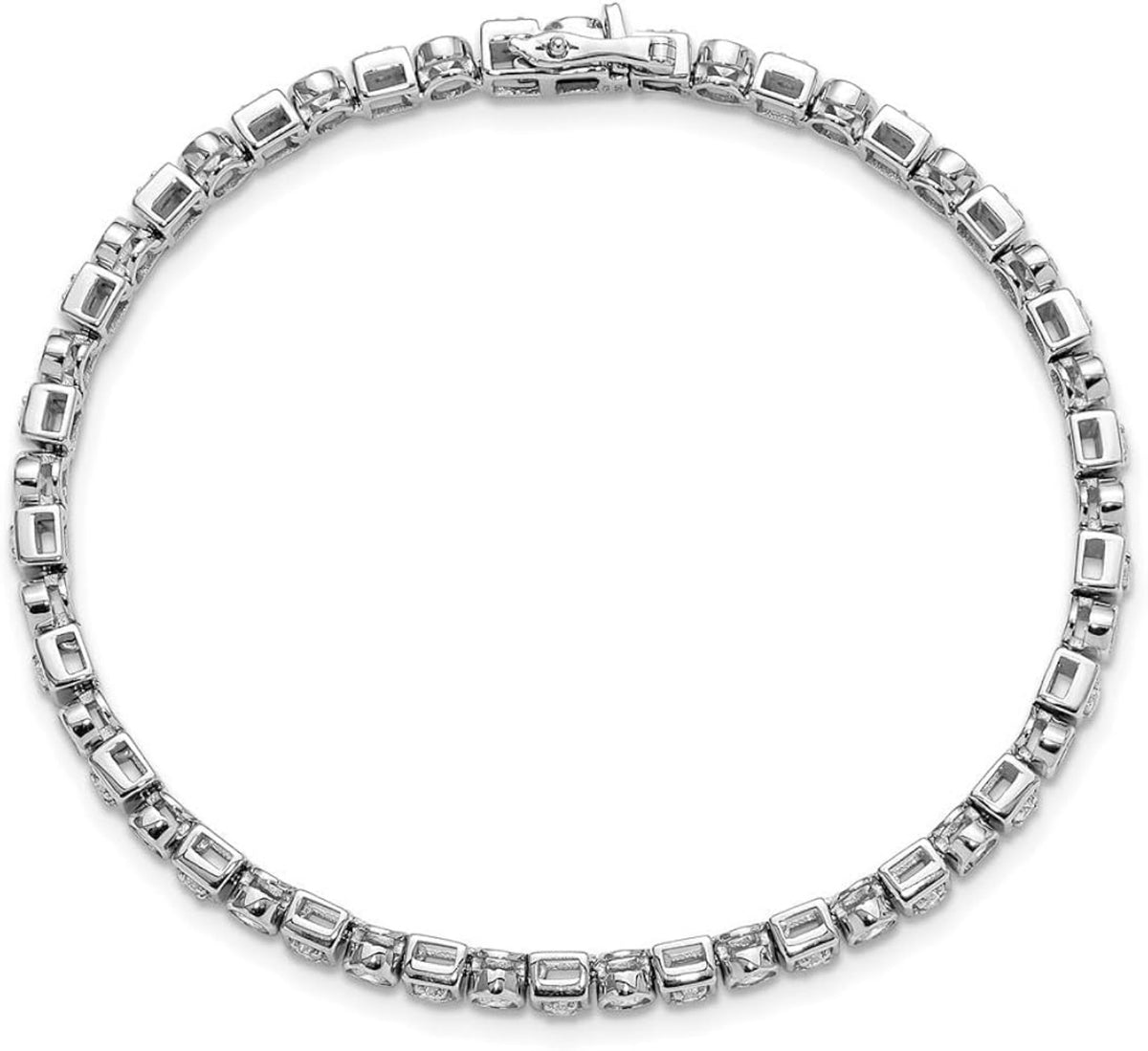 Pulsera plateada tipo tenis con eslabones cuadrados y cierre de seguridad.