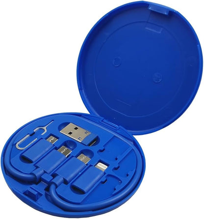 Kit de viaje multifuncional incluye un cable USB-C a USB-C y varios adaptadores en una caja redonda azul.