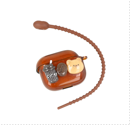 Case para AirPods con un diseño tridimensional de osito de café y una correa de silicona
