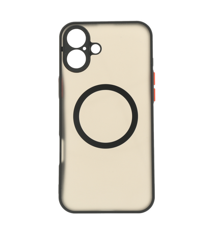 Case para iPhone 16 Plus transparente con borde negro.