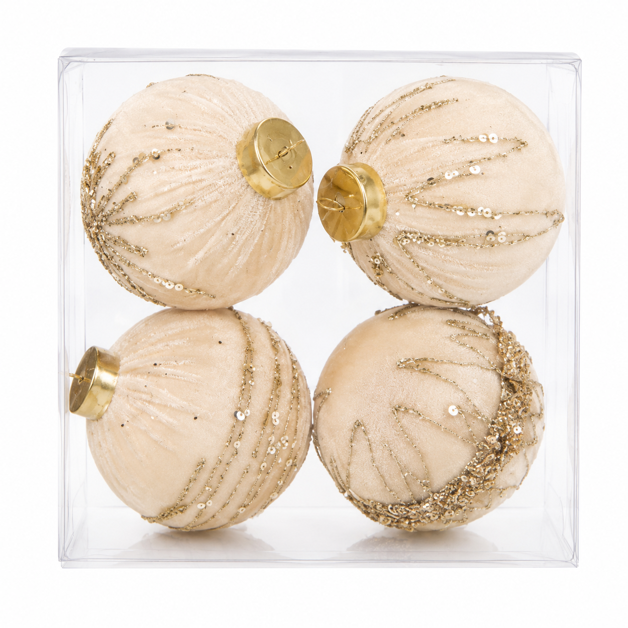 Set de 4 bolas navideñas color champán con detalles dorados.