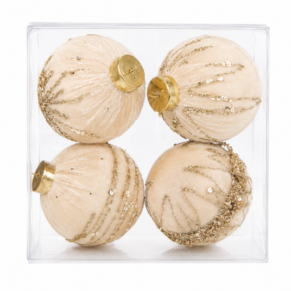 Set de 4 bolas navideñas color champán con detalles dorados.