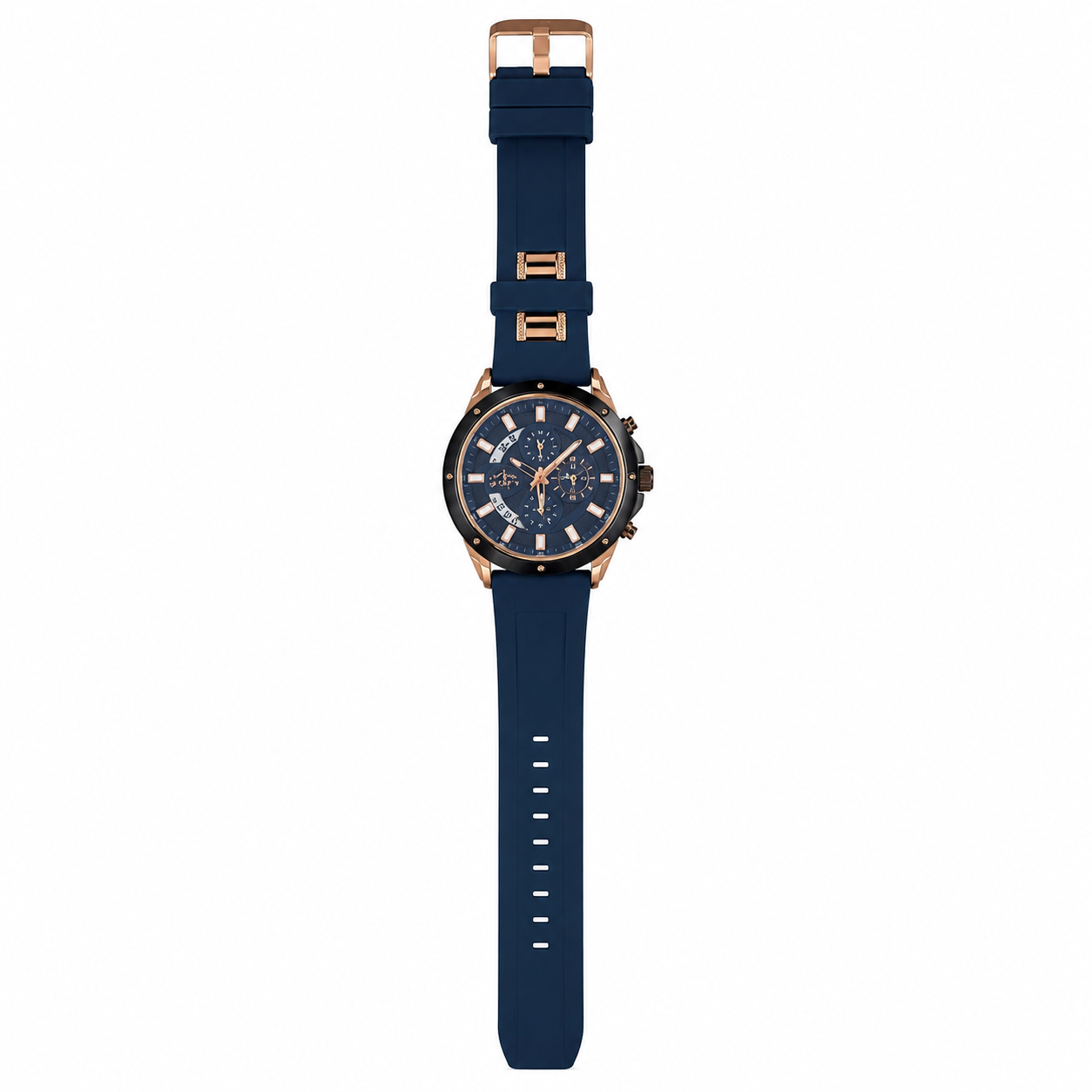 Reloj analógico azul marino con detalles dorados y esfera multifunción.