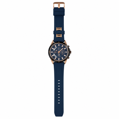 Reloj analógico azul marino con detalles dorados y esfera multifunción.