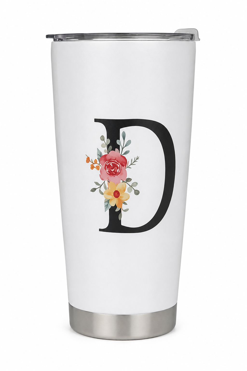 Vaso térmico blanco con inicial D y diseño floral.