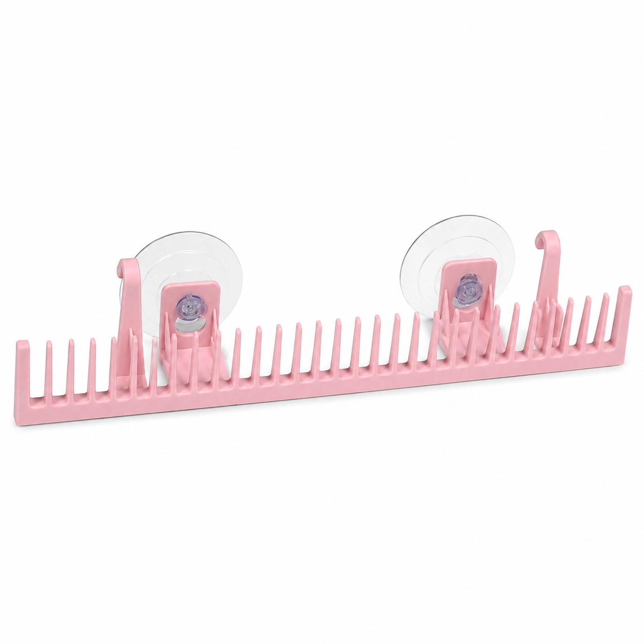 Soporte organizador rosado con ventosas, ganchos y múltiples divisores.