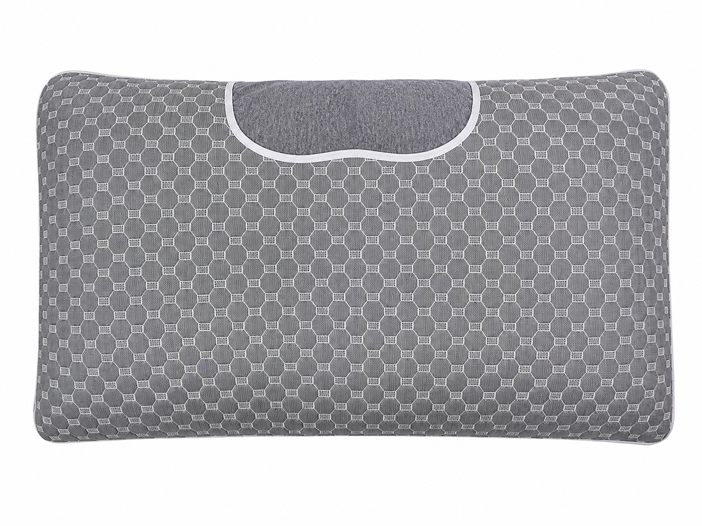 Almohada ergonómica gris con diseño de panel y soporte cervical.