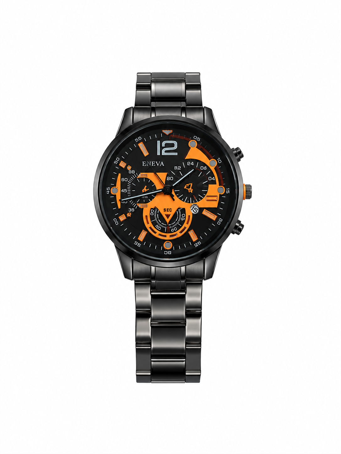 Reloj de Pulsera para Hombre con Brazalete Metálico Negro, Esfera Negra y Detalles Naranja.
