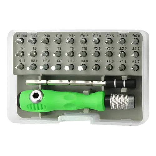 Kit de destornilladores de precisión 32 en 1 con mango verde, el kit incluye una barra de extensión para lugares de difícil acceso.