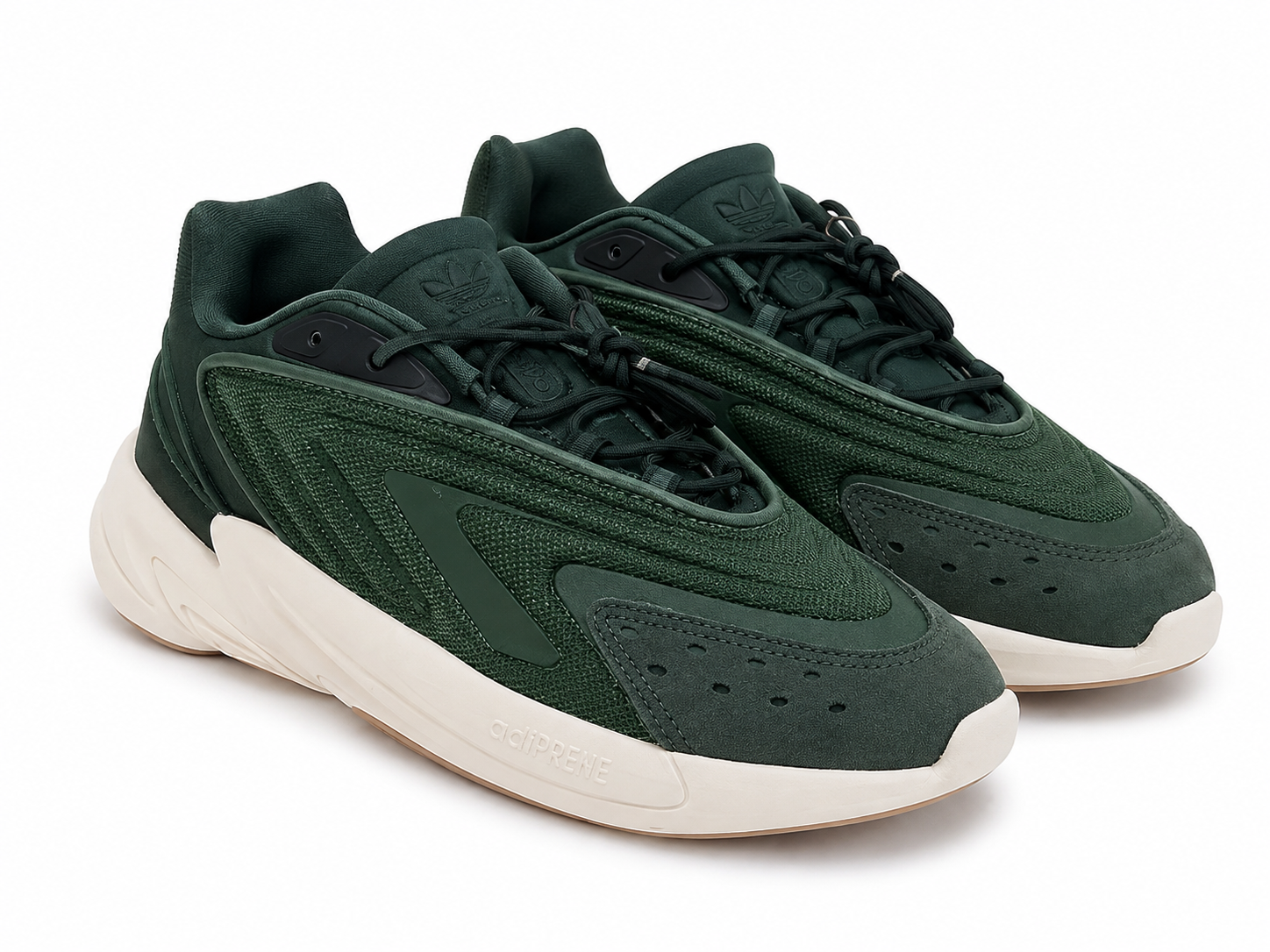 Zapatos deportivos verdes con suela crema y diseño de paneles texturizados, talla 11.