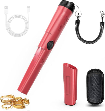 Detector de metales portátil de color rojo, comúnmente denominado pinpointer.
