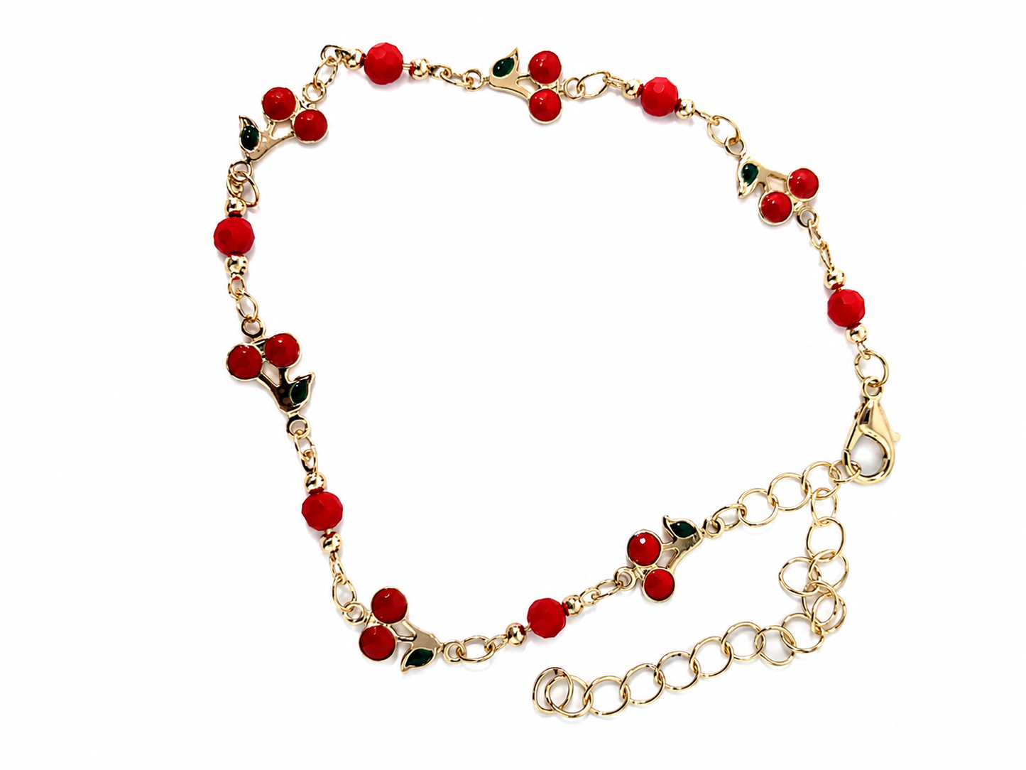 Pulsera Dorada con Diseño de Cerezas Rojas – Pulsera Ajustable Elegante y Linda para Mujer.