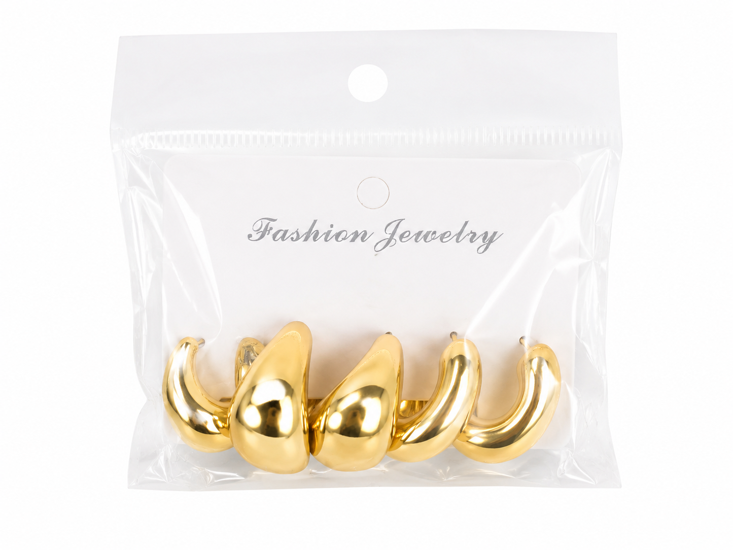 Set de 3 Pares de Aretes Tipo Huggie Gruesos con Acabado Dorado de Alto Brillo.