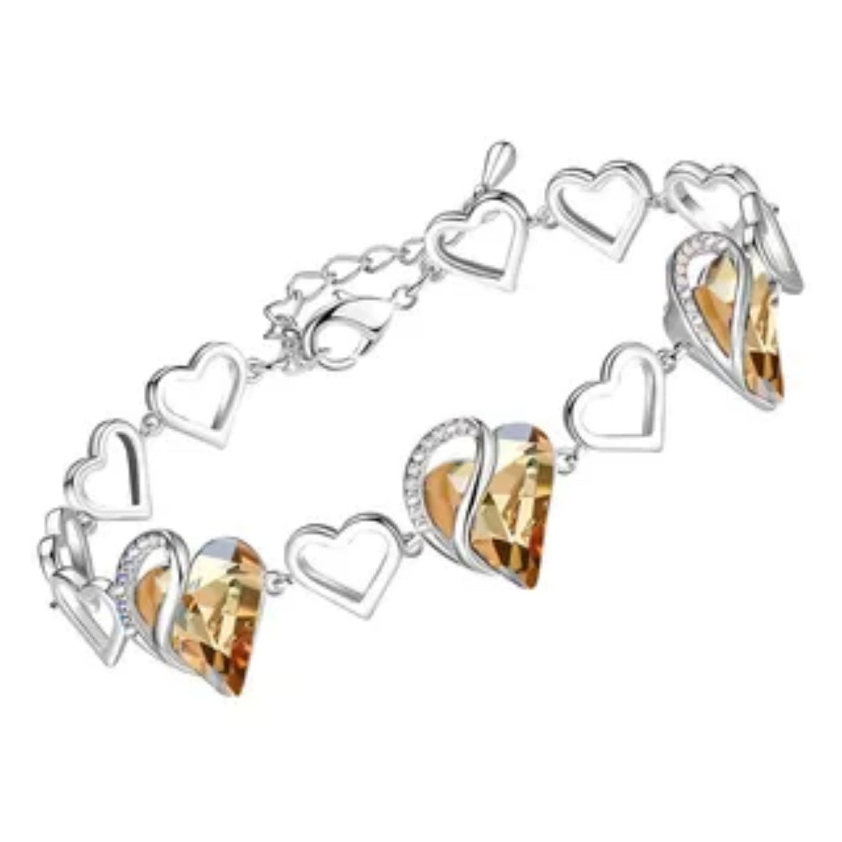 Pulsera plateada con dijes de corazones y cristales color ámbar.