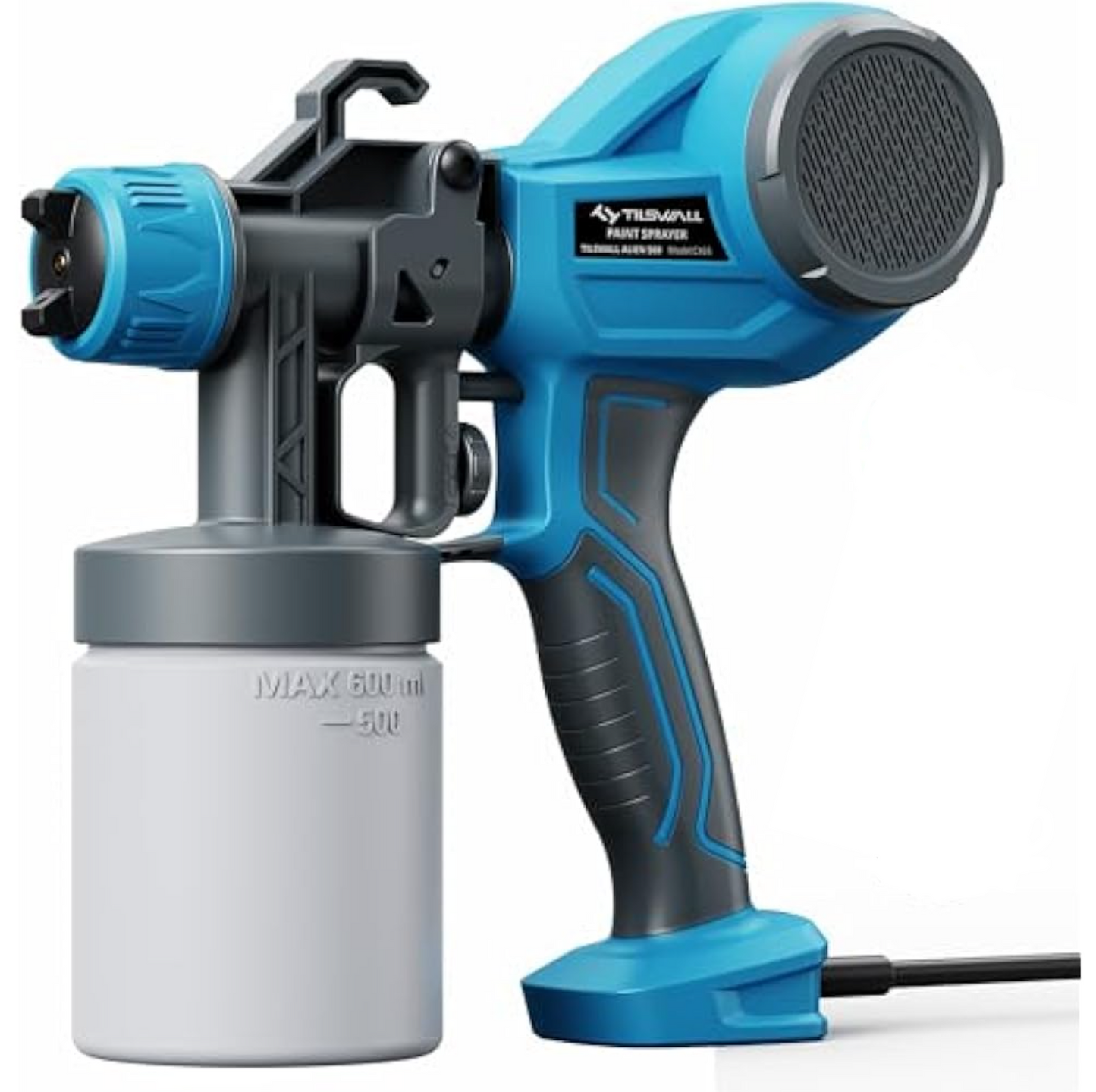 Pulverizador de pintura azul y gris con contenedor blanco
