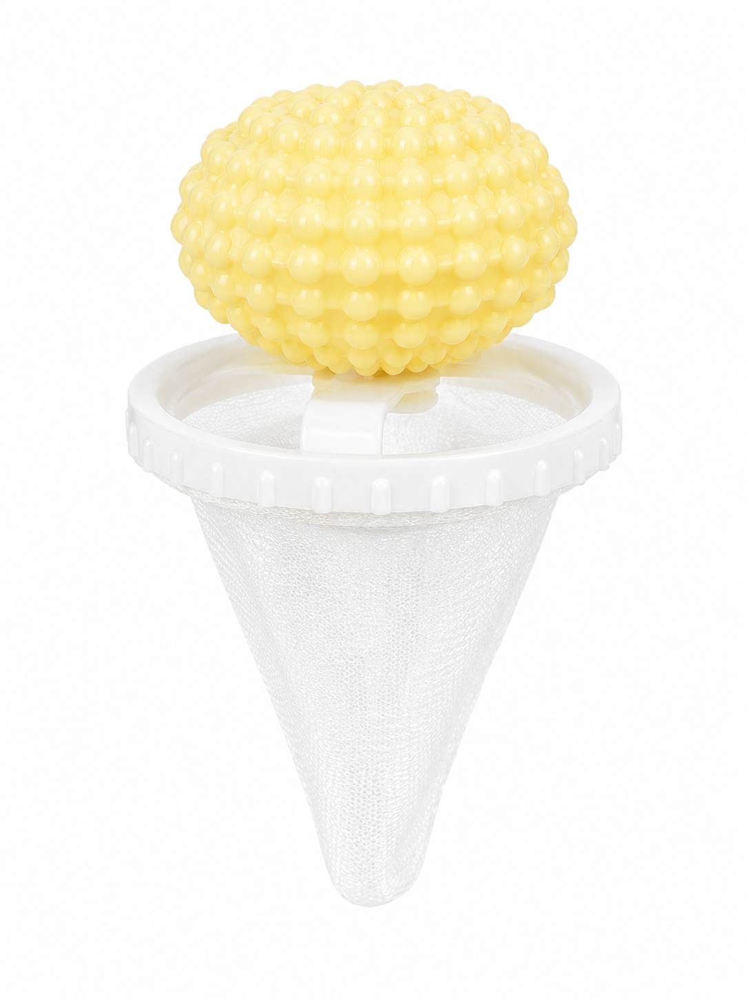 Colector de pelusas para lavadora con filtro de malla reutilizable y bola flotante amarilla.