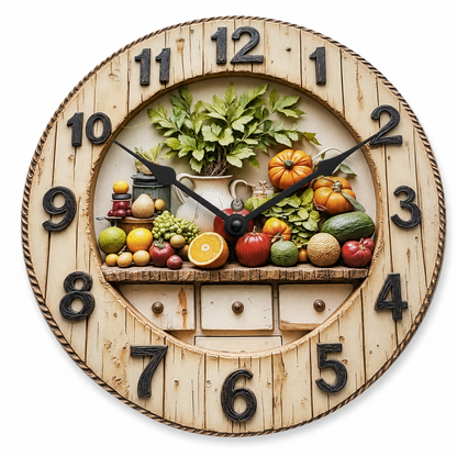 Reloj de pared redondo con diseño rústico de frutas y agujas negras.