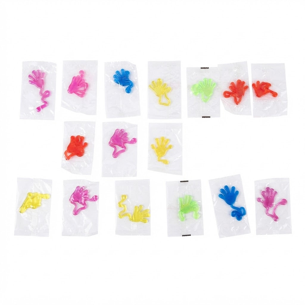 Paquetes de 19 pequeños individuales con mini manos pegajosas elásticas de distintos colores vivos y brillantes.