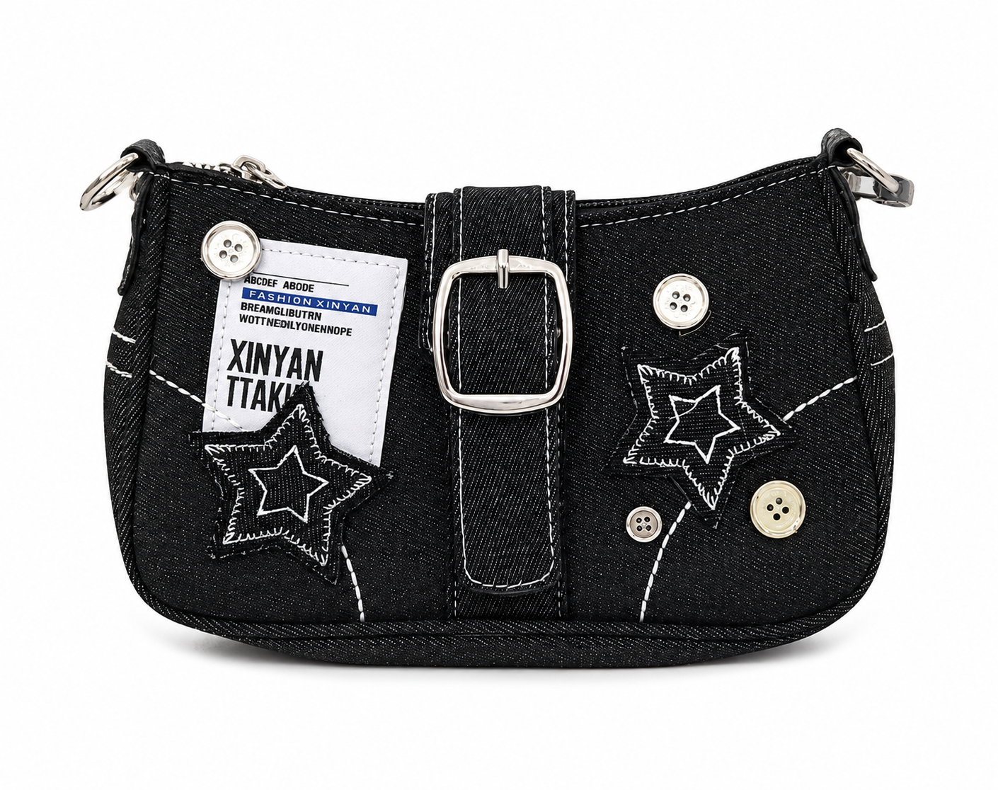 Bolso de hombro de mezclilla con hebilla decorativa y detalles de estrellas color negro.