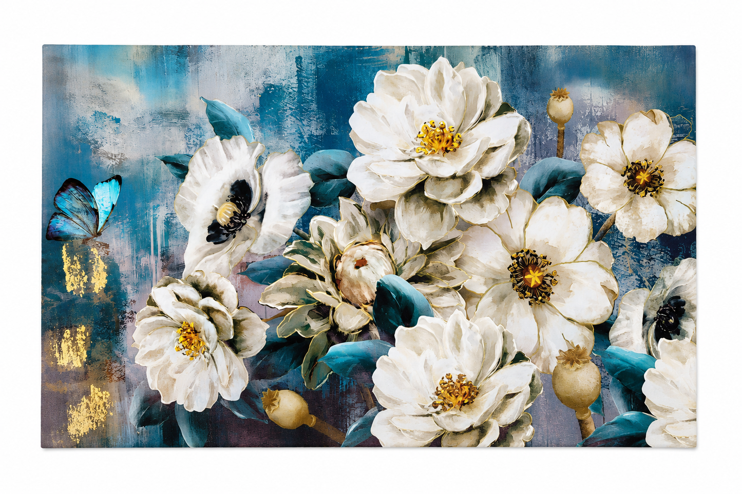 Tapiz Decorativo con Flores Blancas y Mariposa Azul, Impresión Artística de Alta Definición para Pared, 100 × 50 cm (39,3 × 19,6 pulgadas).