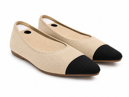 Bailarinas planas de punto elástico color beige con punta negra para mujer, talla 39.5.