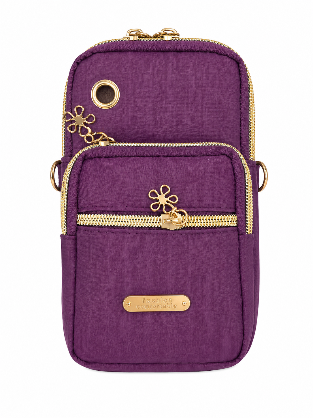 Bolso bandolera compacto de nailon con múltiples bolsillos y cierre de cremallera color morado.