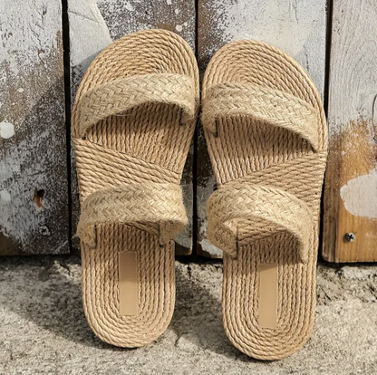 Sandalias planas de lino de doble banda para mujer en color caqui, size 40
