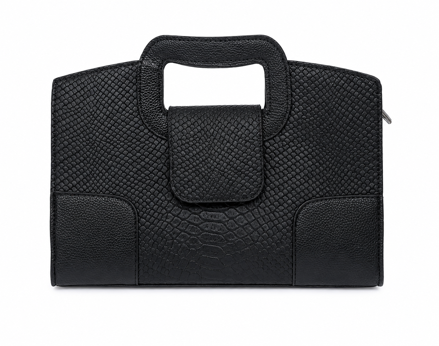 Bolso de mano negro con textura tipo reptil y asa integrada.