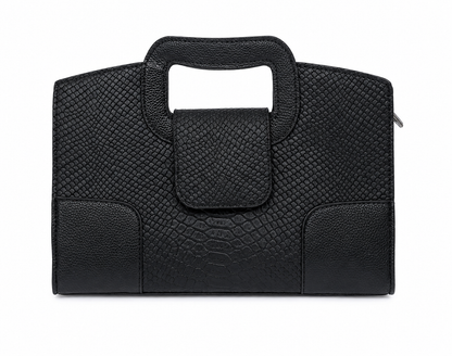 Bolso de mano negro con textura tipo reptil y asa integrada.