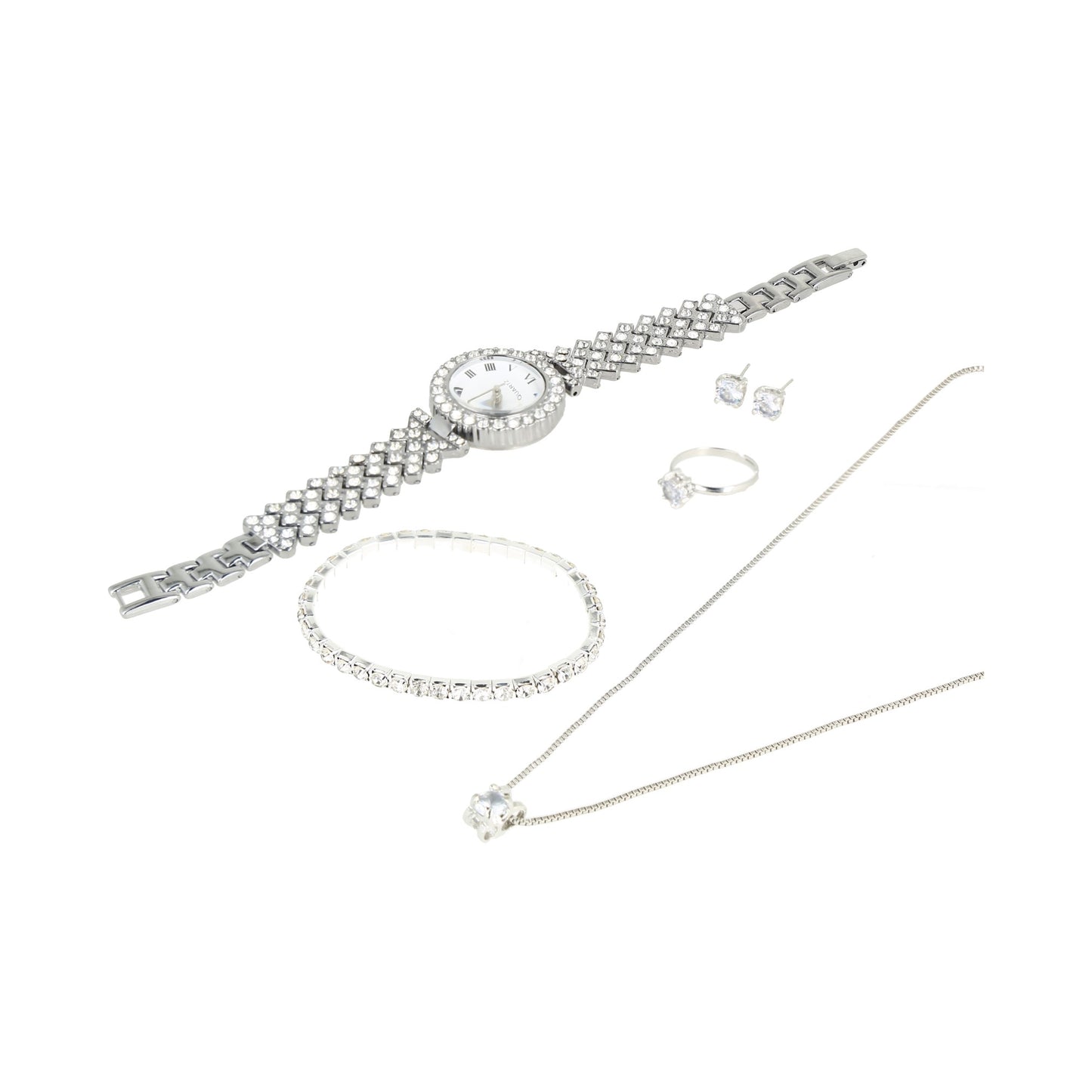 set de accesorios para dama (reloj, aretes, pulsera, etc.) color silver.