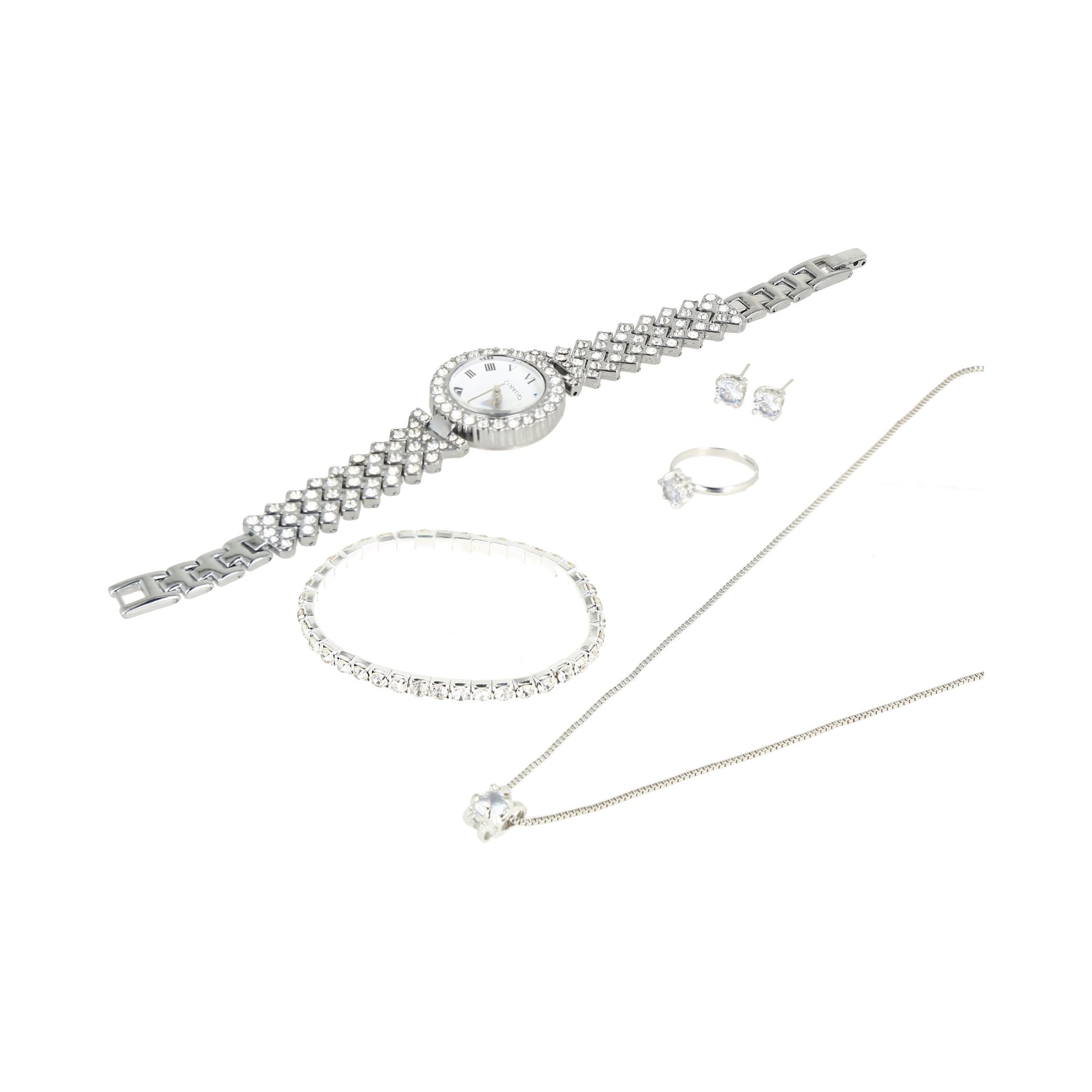 set de accesorios para dama (reloj, aretes, pulsera, etc.) color silver.
