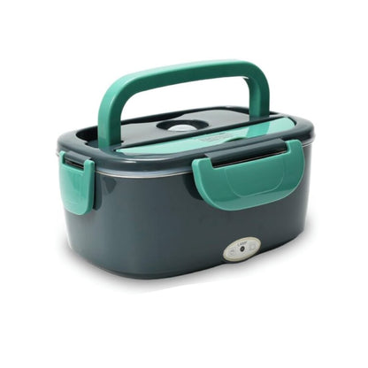 Lonchera eléctrica portátil de color gris y verde diseñada para calentar alimentos.