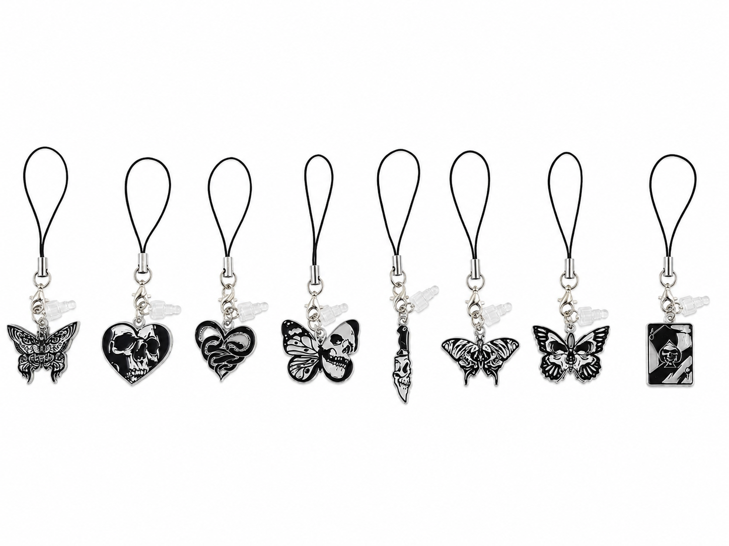 Set de Colgantes Góticos para Celular con Diseños de Mariposas, Calaveras y Cartas.