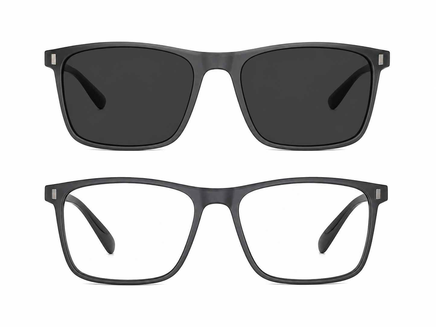 Lentes con montura rectangular color negro y clip magnético para sol.