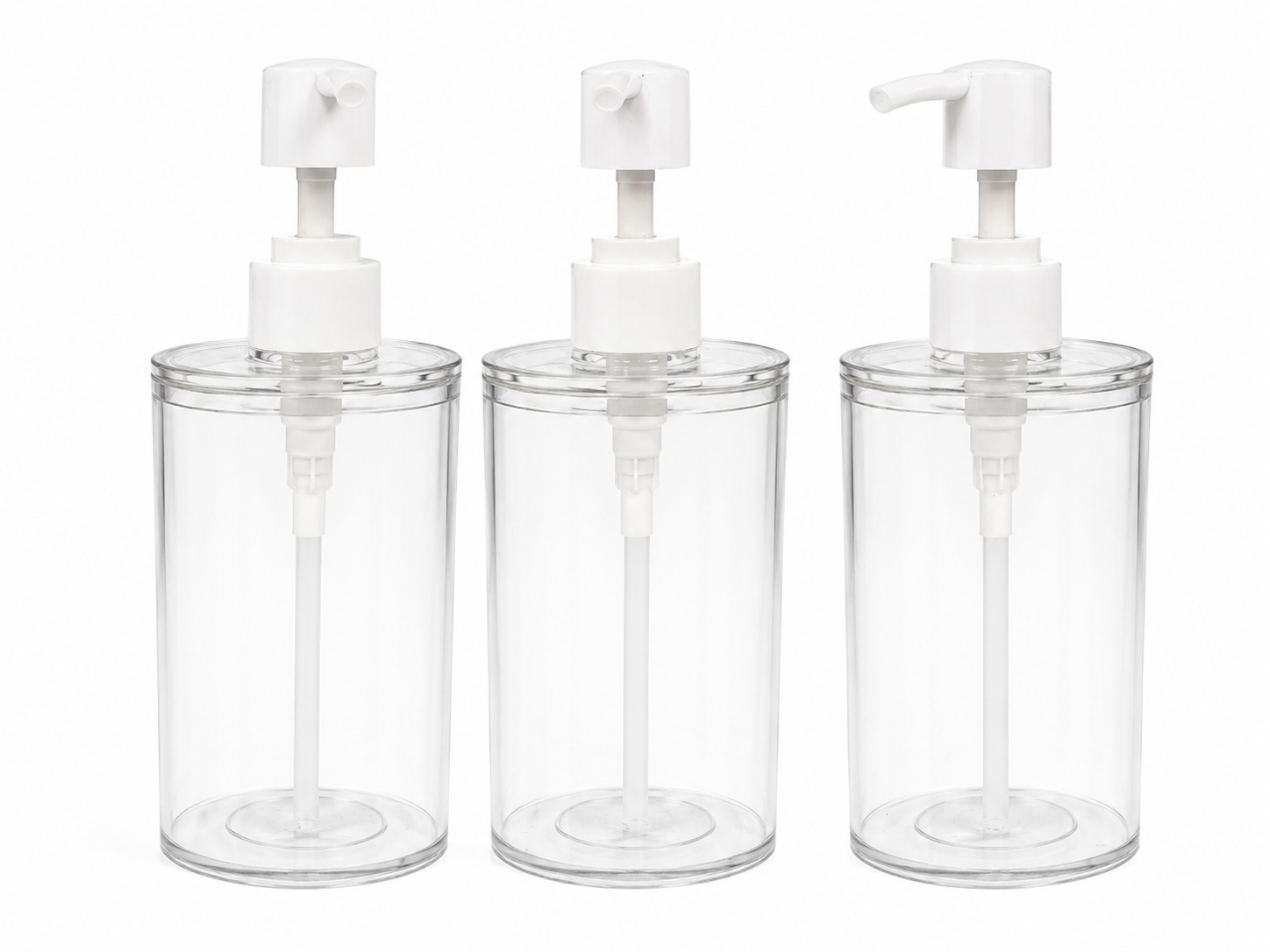 Juego de Dispensadores Transparentes Recargables con Bomba para Jabón Líquido.