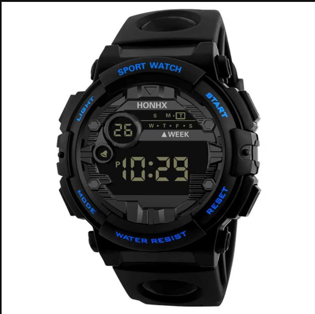 Reloj deportivo digital cuenta con funciones de alarma, fecha y resistencia al agua.