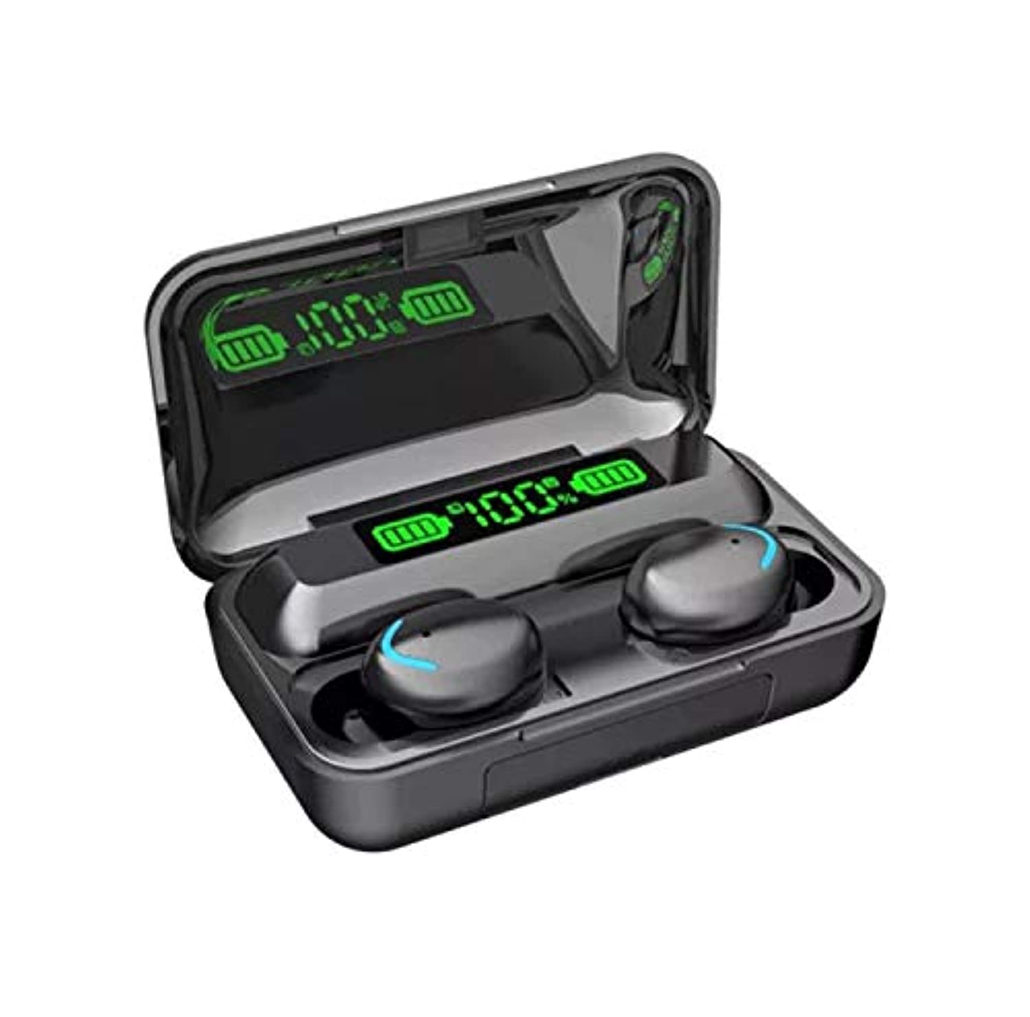 Auriculares inalámbricos en color negro con un estuche de carga que cuenta con una pantalla LED para el nivel de batería.