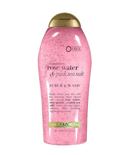 Exfoliante corporal Sensitive + agua de rosas y sal marina rosa + cuarzo rosa, gel de ducha corporal