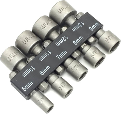Juego de dados hexagonales magnéticos para taladro de 9 piezas, con medidas que van desde 5mm hasta 13mm.
