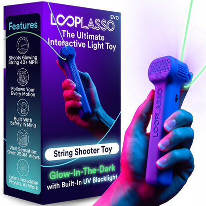 Juguete interactivo lanzador de cuerda luminosa con luz UV integrada.
