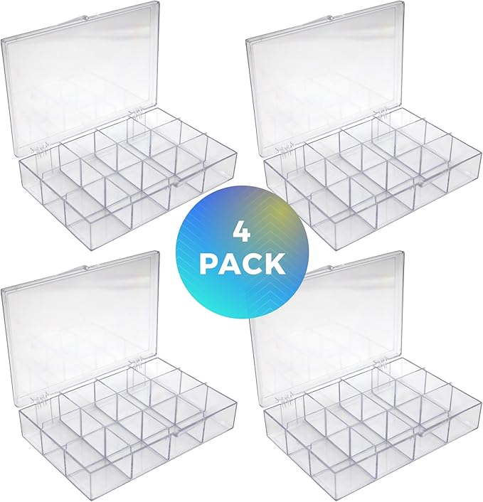 4 cajas de plástico duro transparente con 12 compartimentos con tapa con bisagras.