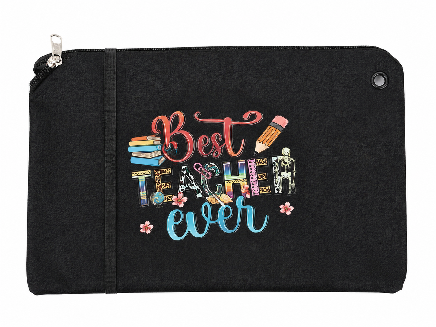 Estuche organizador con cierre y diseño estampado para accesorios escolares.