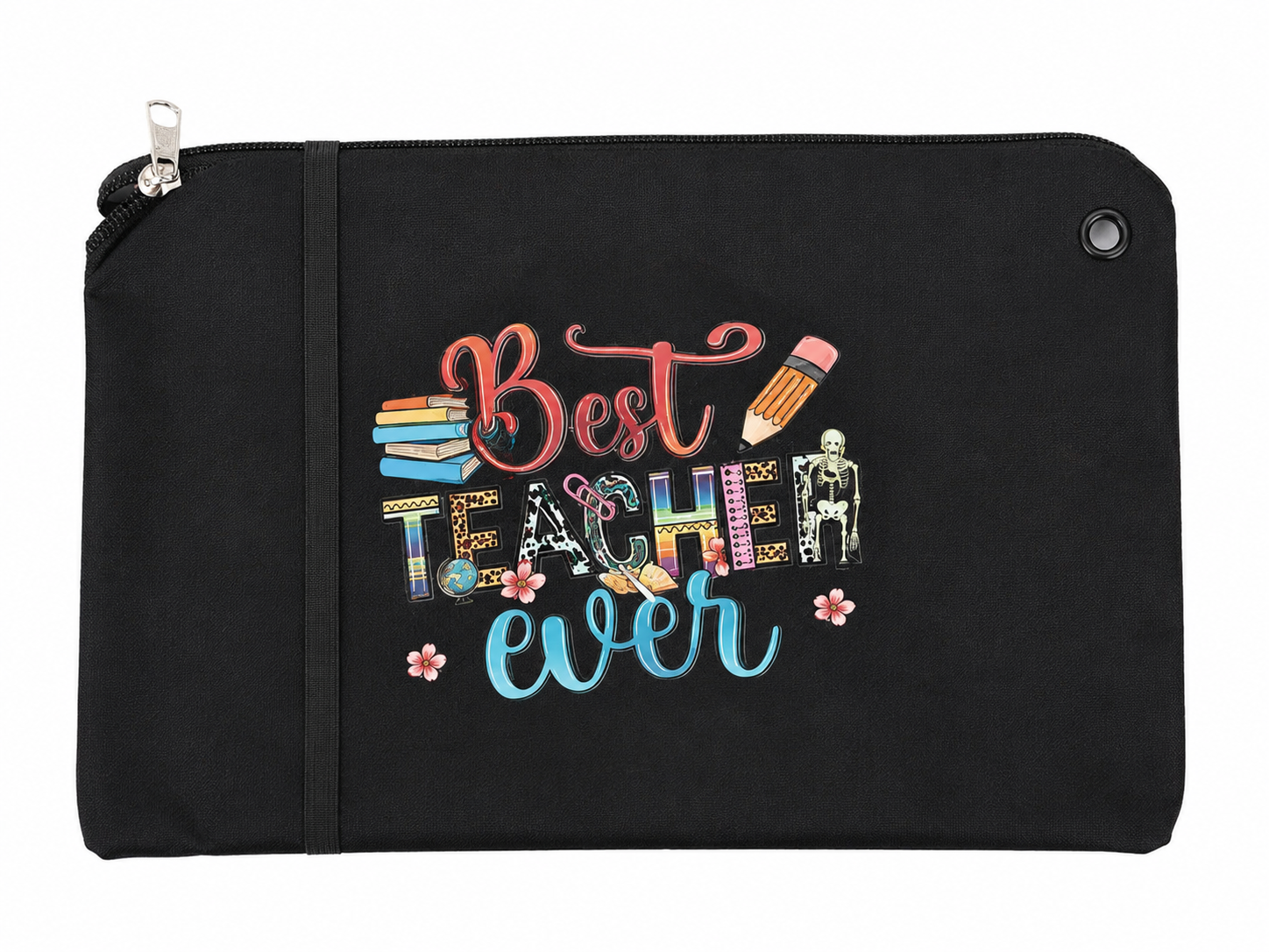 Estuche organizador con cierre y diseño estampado para accesorios escolares.