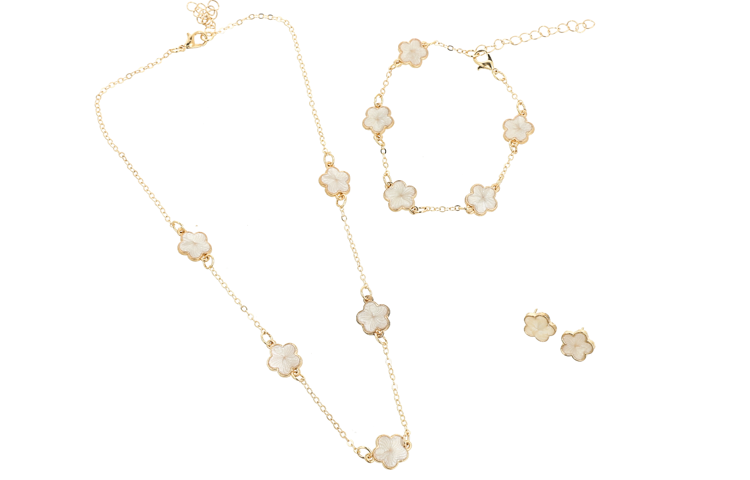 Set de joyería para mujer color dorado, incluye un collar, una pulsera y aretes a juego.