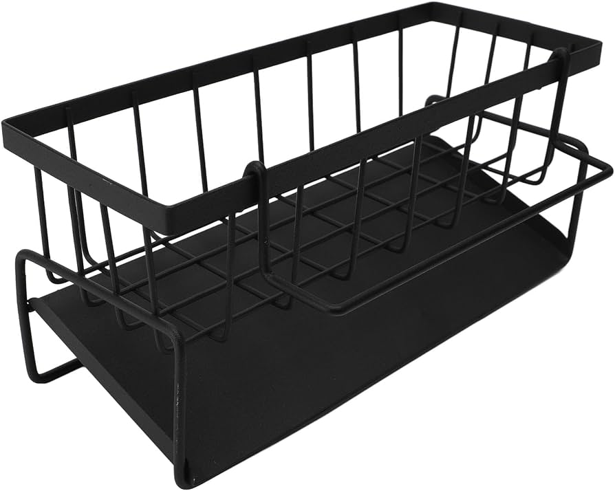 Organizador de fregadero de cocina fabricado en acero al carbono con un acabado negro.
