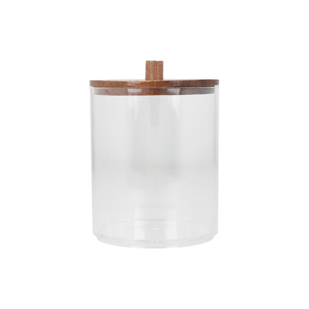 Recipiente de plastico cristalino con tapa de madera.