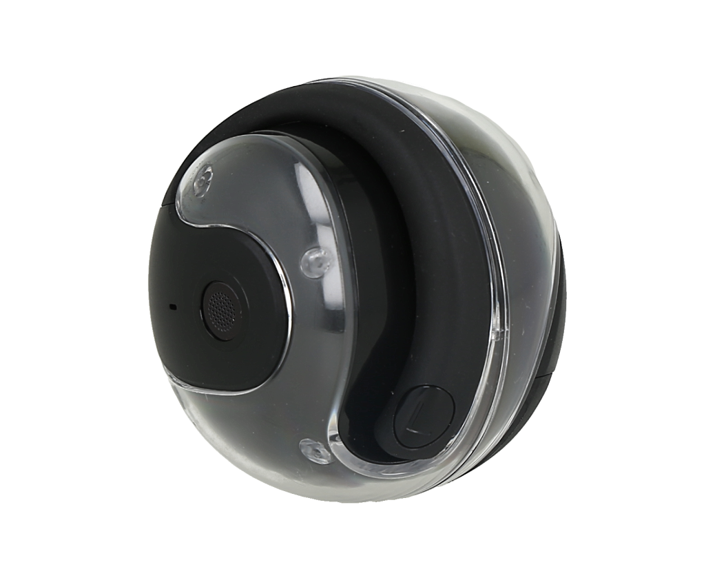 Auriculares inalámbricos con un estuche de carga redondo y transparente.